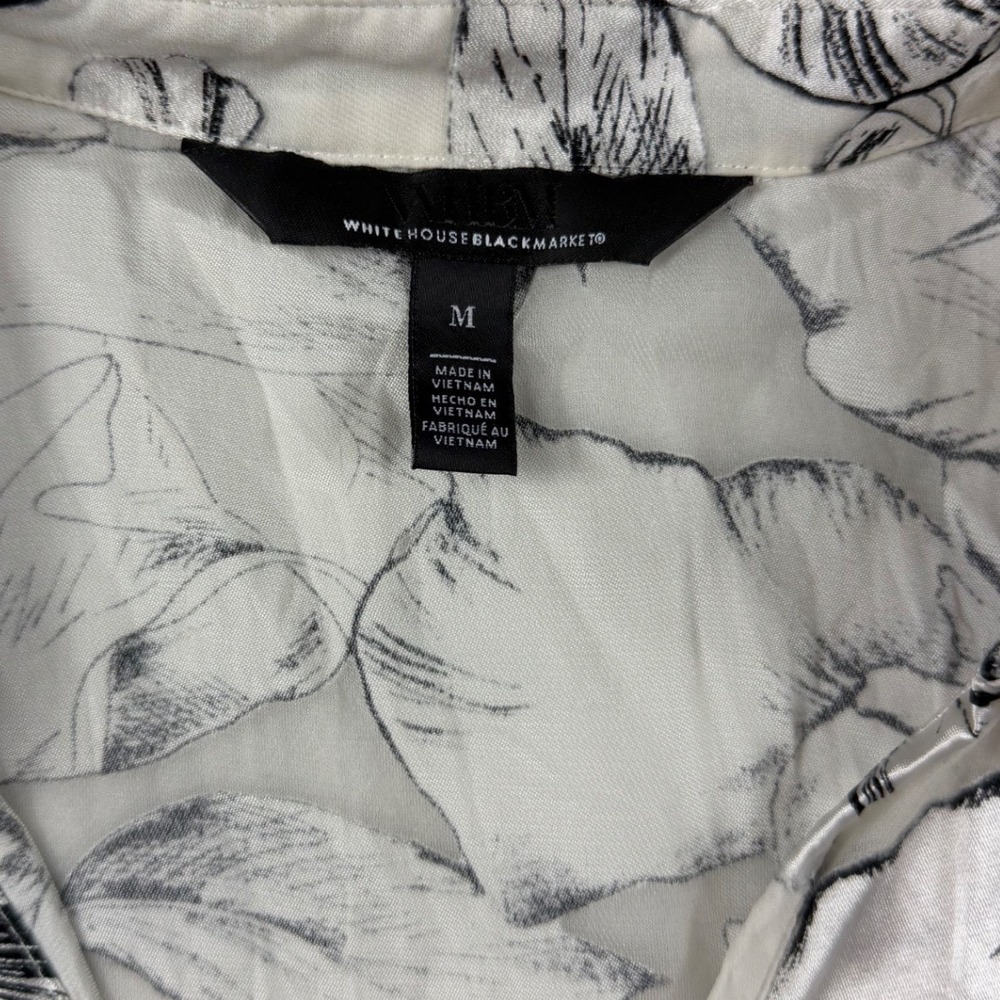 White House Black Market Burnout Floral Bird Blouse White Black Minimalist M - Picture 5 of 9